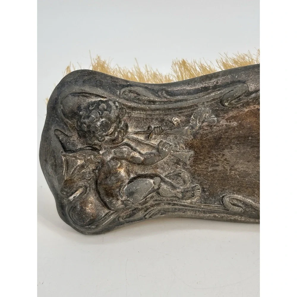 Antique Art Nouveau Silver Vanity Clothes Brush Ornate Repousse Design W/Cherubs